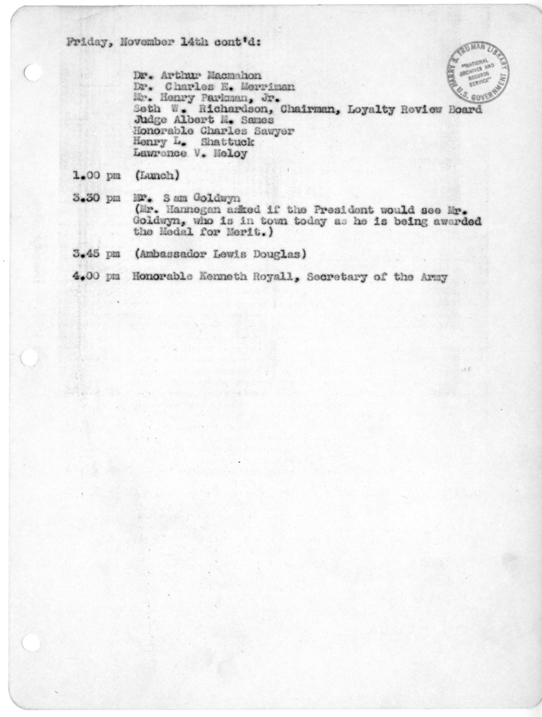 Daily Appointment Sheet for President Harry S. Truman