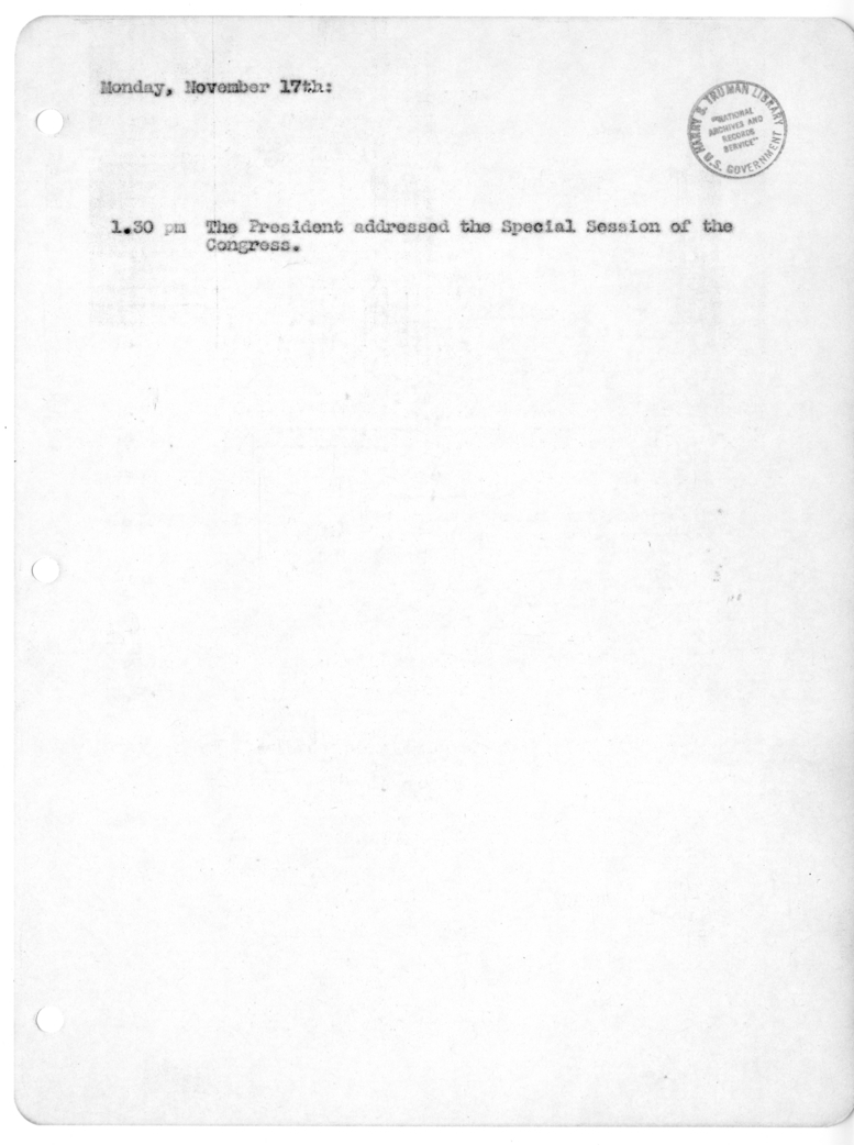 Daily Appointment Sheet for President Harry S. Truman