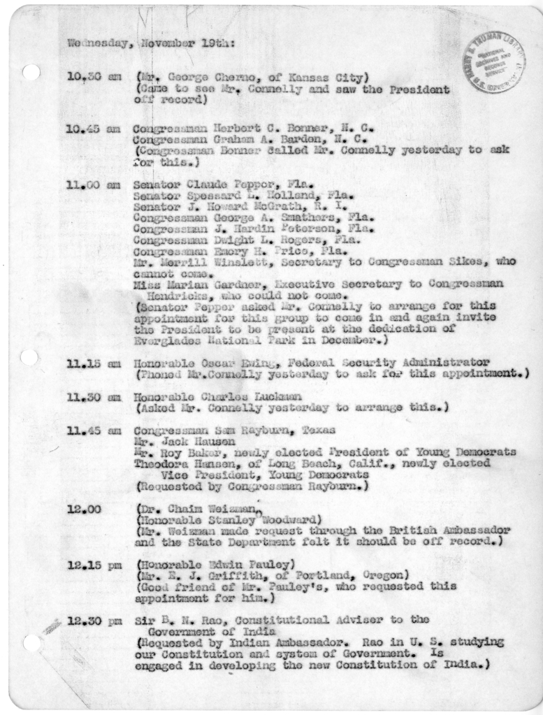 Daily Appointment Sheet for President Harry S. Truman