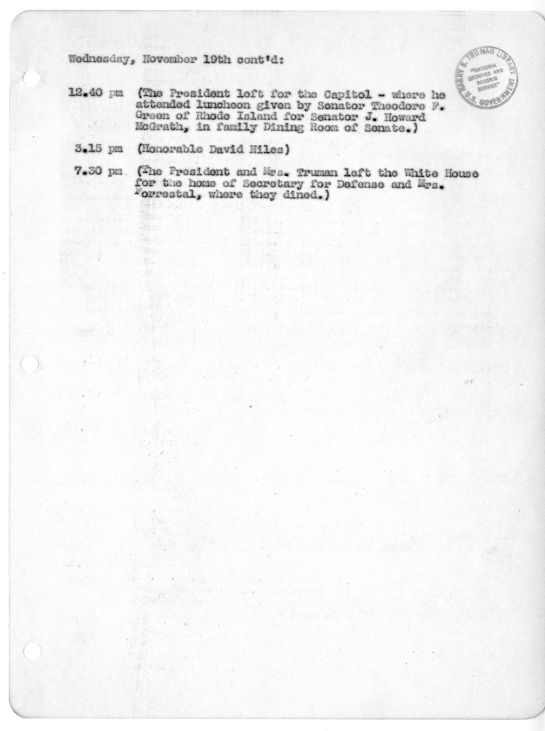 Daily Appointment Sheet for President Harry S. Truman