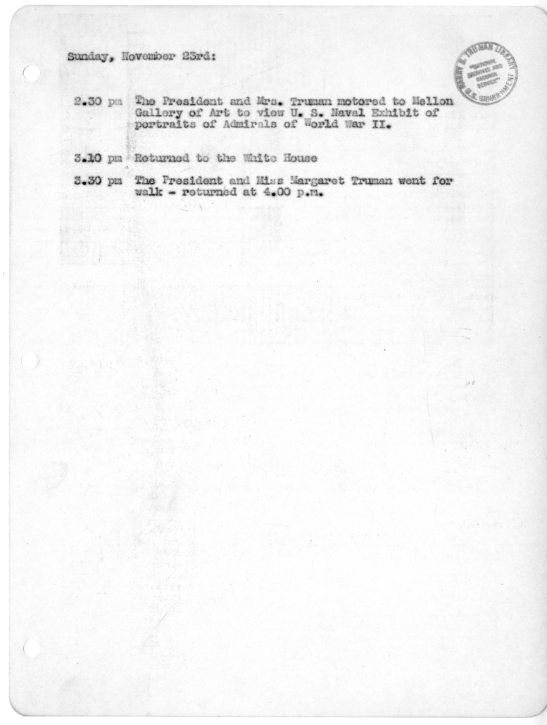 Daily Appointment Sheet for President Harry S. Truman