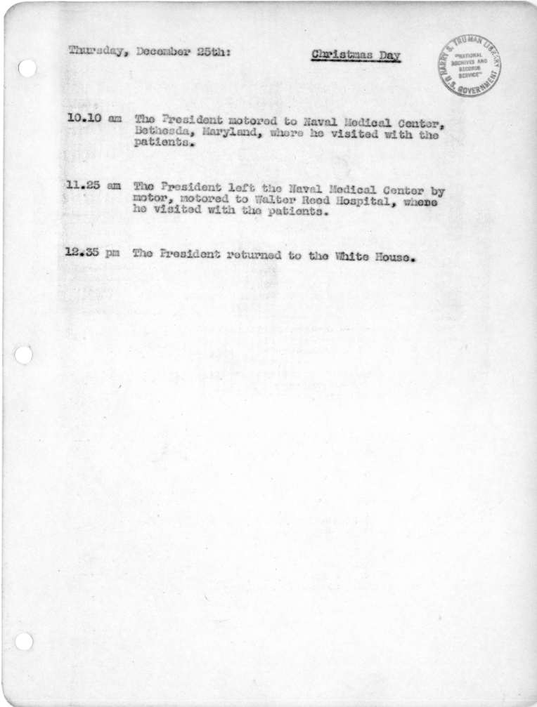 Daily Appointment Sheet for President Harry S. Truman