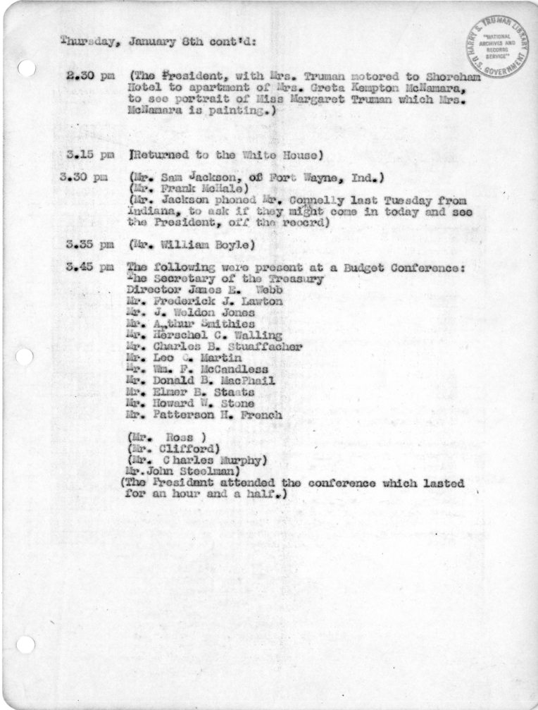 Daily Appointment Sheet for President Harry S. Truman