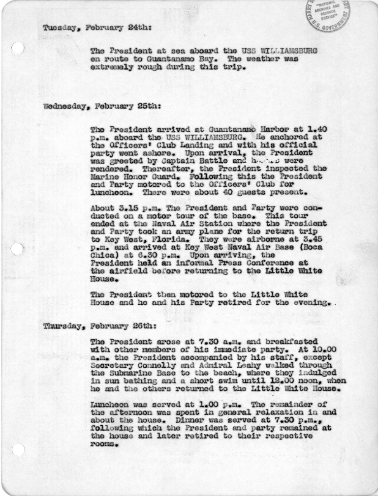 Log of President Harry S. Truman's Trip to Key West, Florida; San Juan, Puerto Rico; and the Virgin Islands