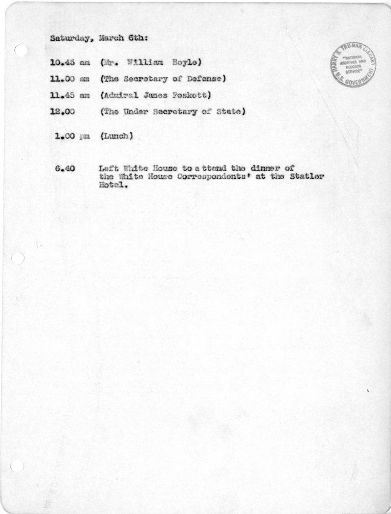 Daily Appointment Sheet for President Harry S. Truman