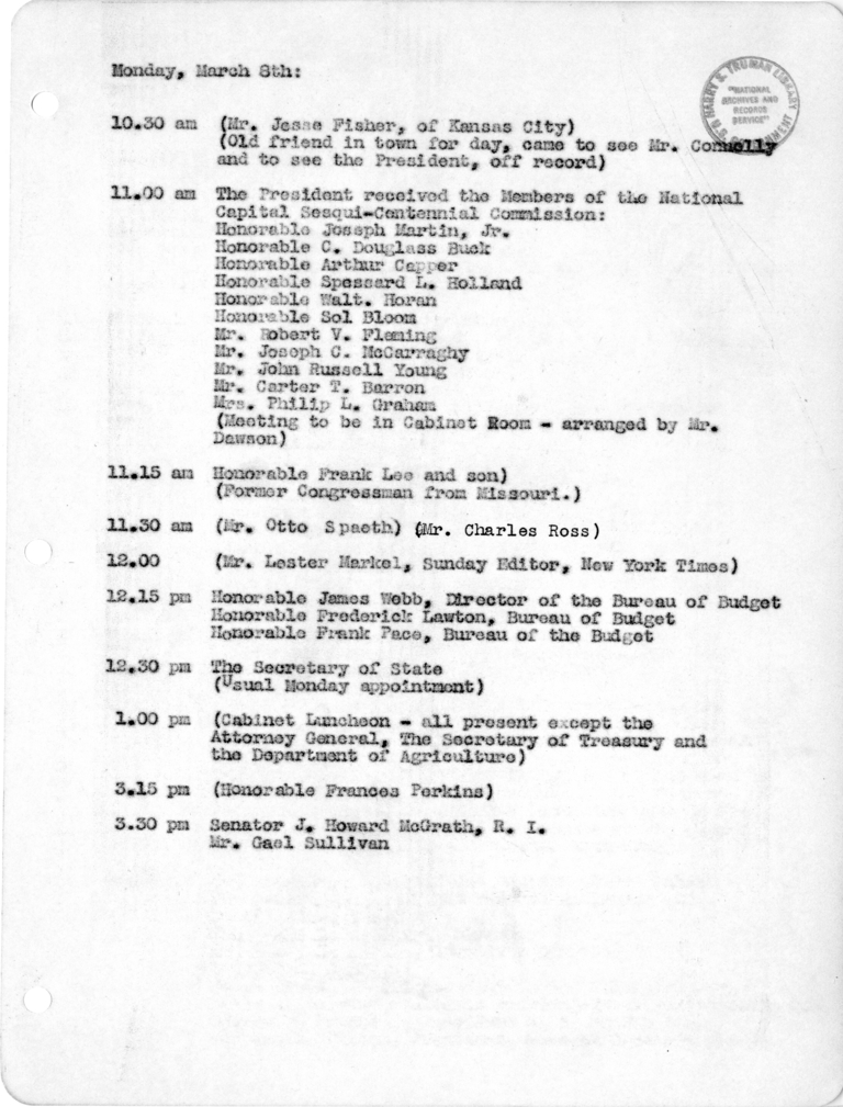 Daily Appointment Sheet for President Harry S. Truman