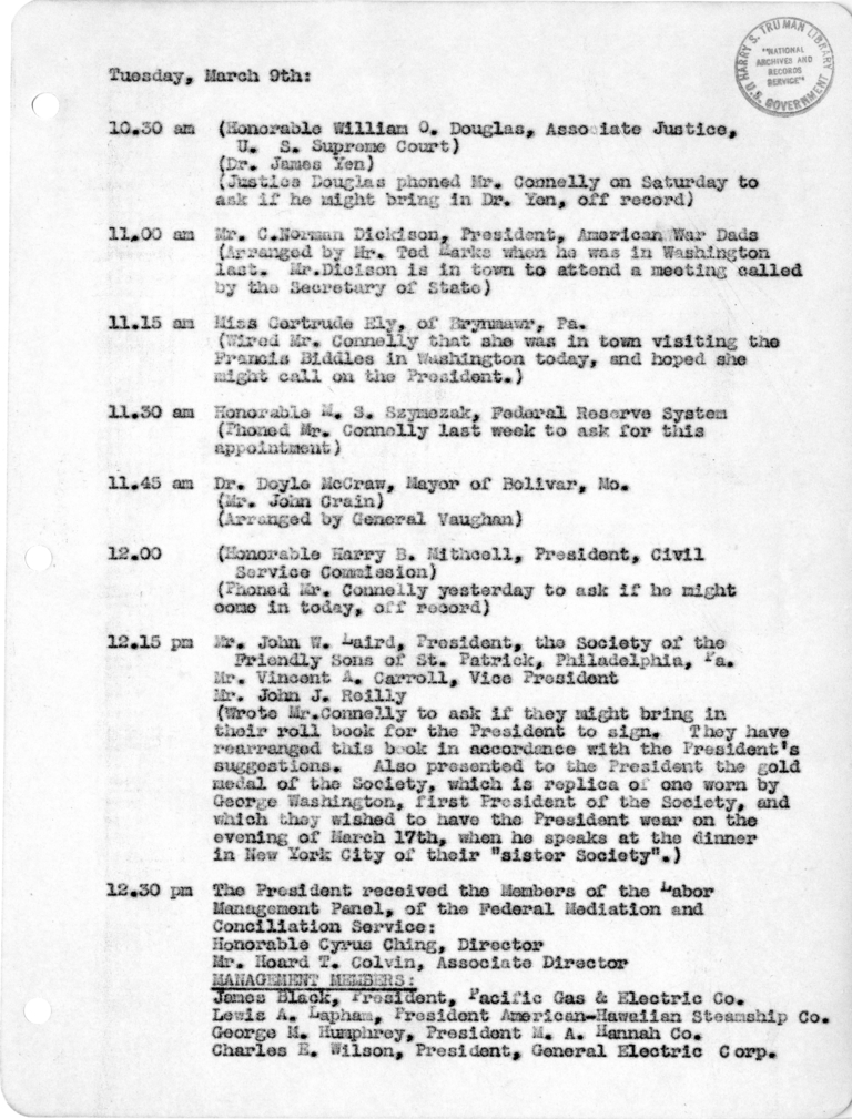 Daily Appointment Sheet for President Harry S. Truman