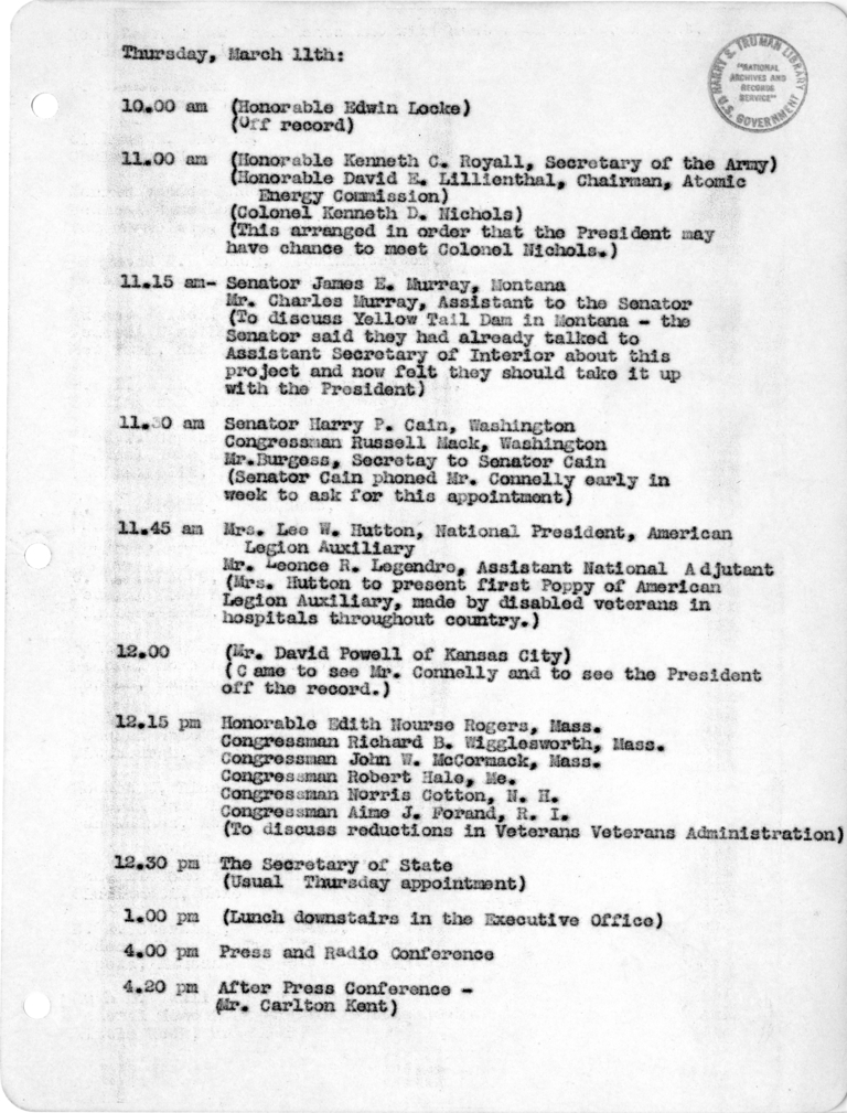 Daily Appointment Sheet for President Harry S. Truman