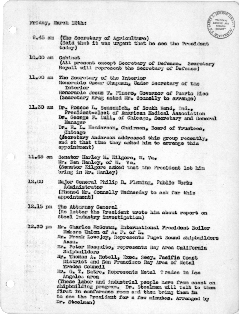 Daily Appointment Sheet for President Harry S. Truman