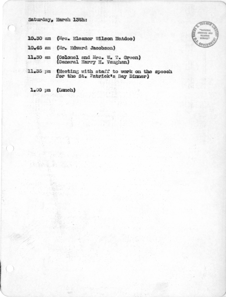 Daily Appointment Sheet for President Harry S. Truman