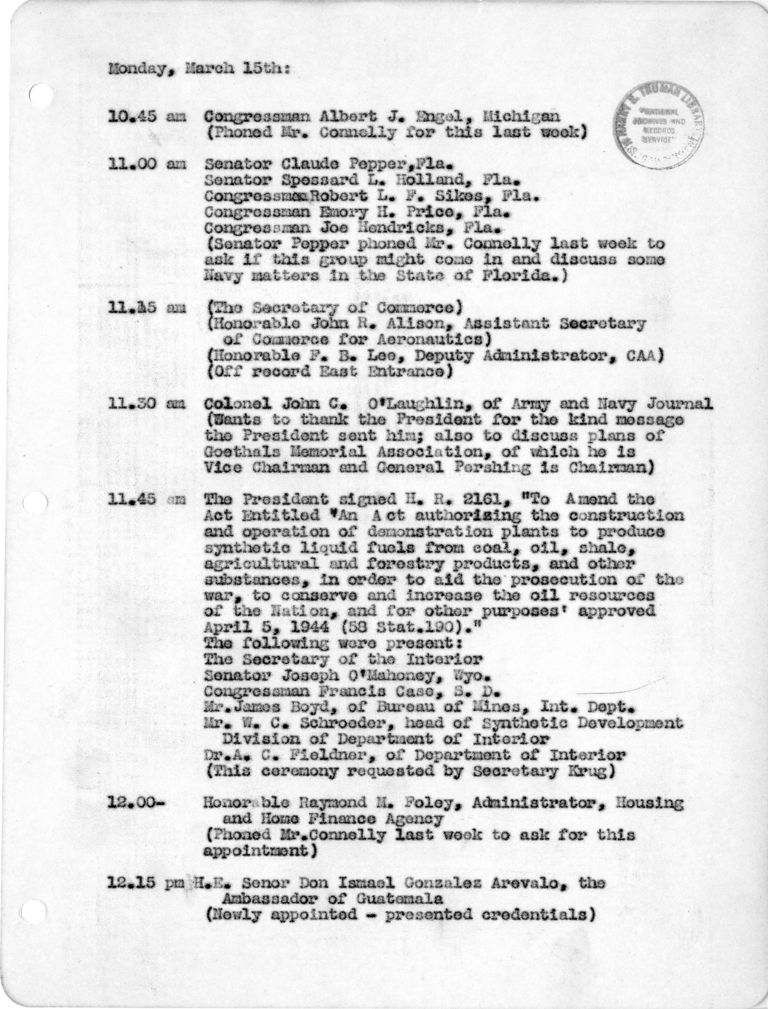 Daily Appointment Sheet for President Harry S. Truman