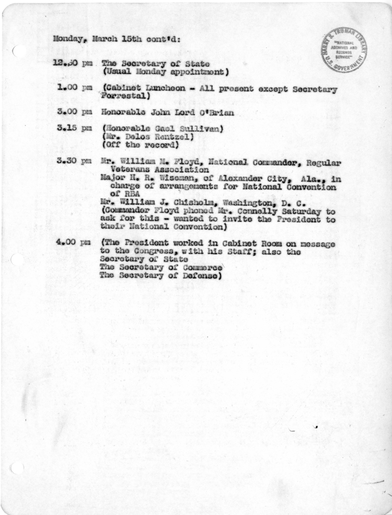 Daily Appointment Sheet for President Harry S. Truman