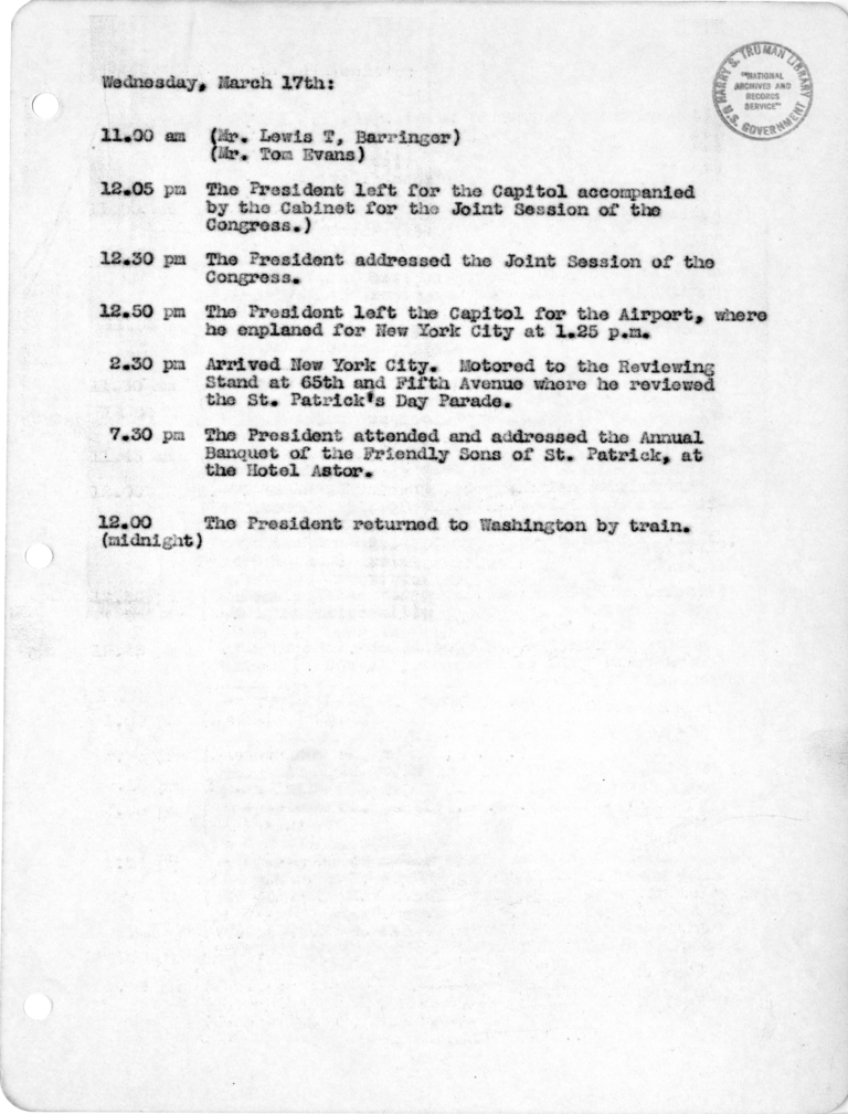 Daily Appointment Sheet for President Harry S. Truman