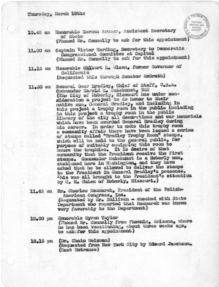 Daily Appointment Sheet for President Harry S. Truman