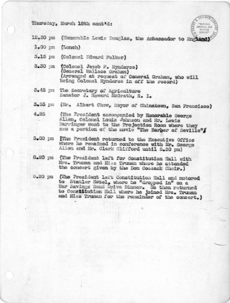 Daily Appointment Sheet for President Harry S. Truman