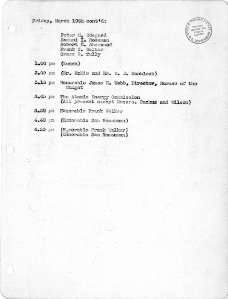 Daily Appointment Sheet for President Harry S. Truman