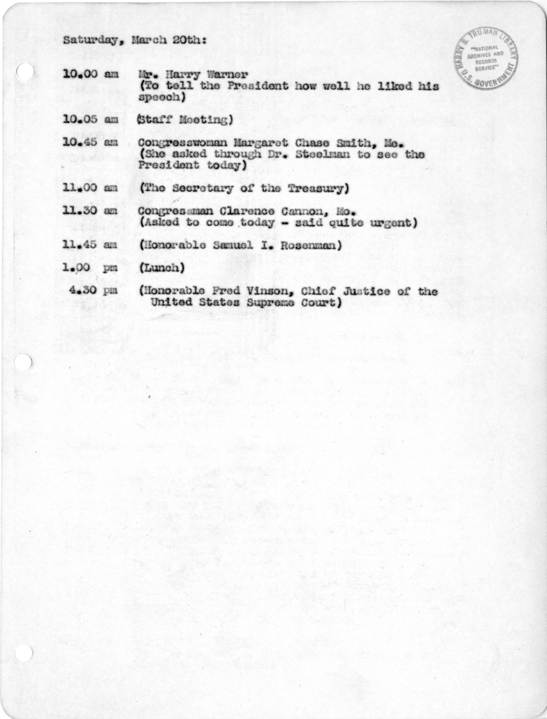 Daily Appointment Sheet for President Harry S. Truman