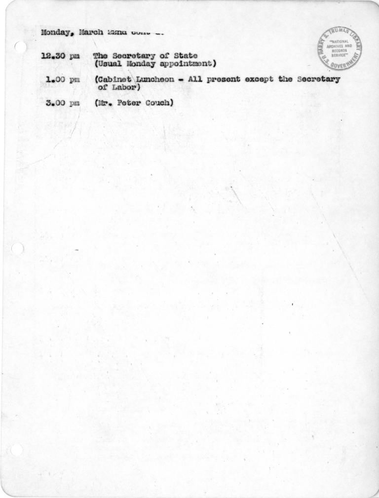 Daily Appointment Sheet for President Harry S. Truman