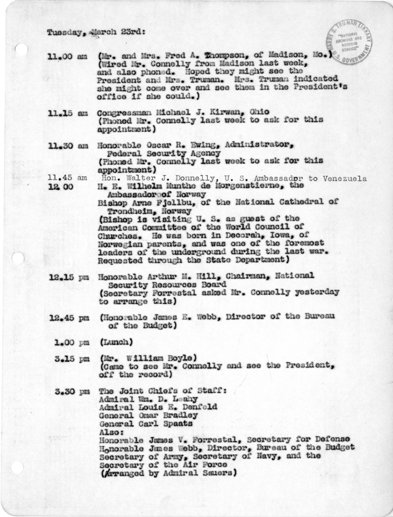 Daily Appointment Sheet for President Harry S. Truman