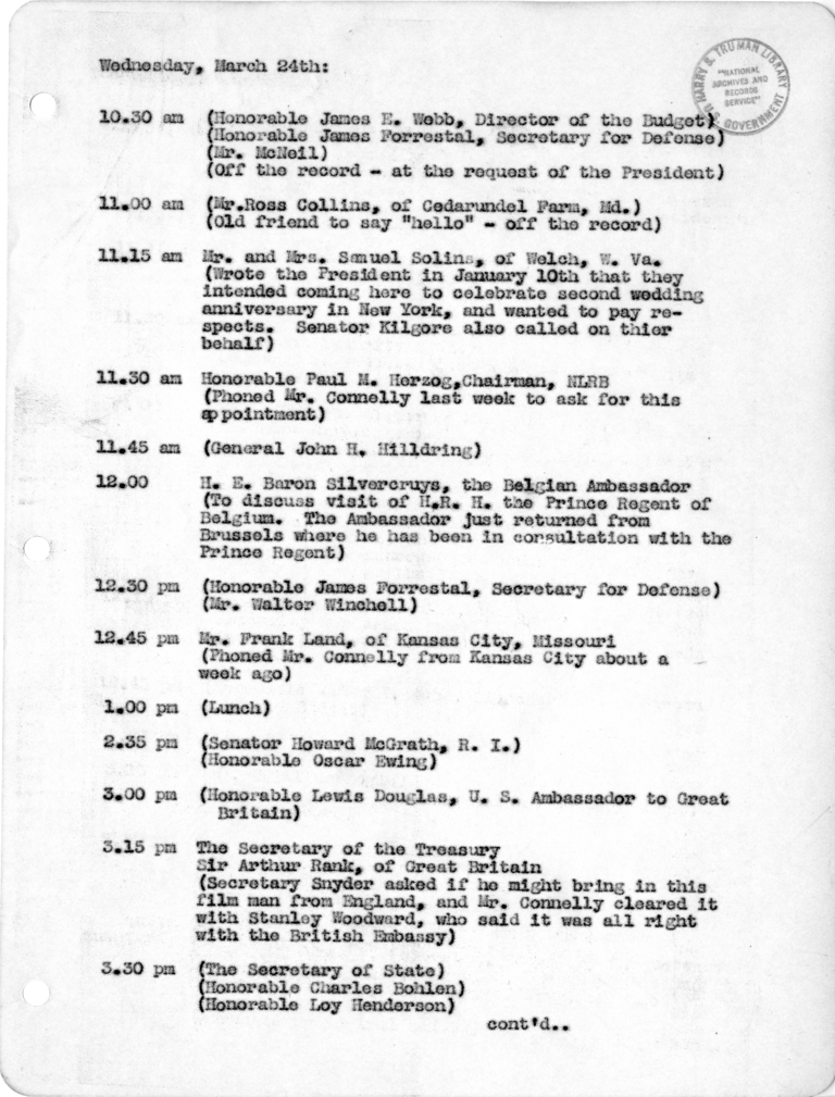 Daily Appointment Sheet for President Harry S. Truman