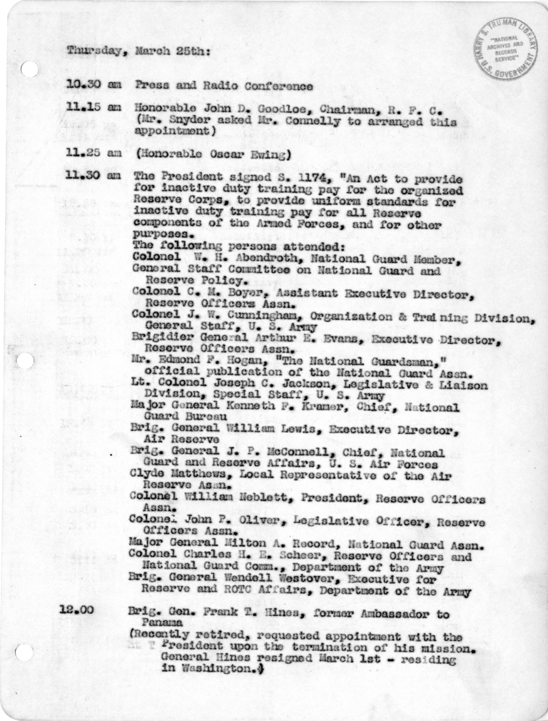 Daily Appointment Sheet for President Harry S. Truman