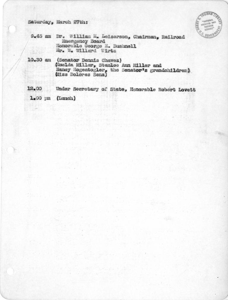 Daily Appointment Sheet for President Harry S. Truman