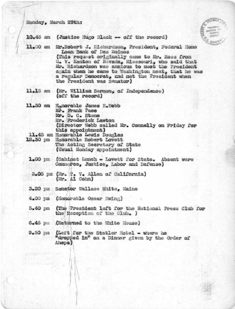 Daily Appointment Sheet for President Harry S. Truman