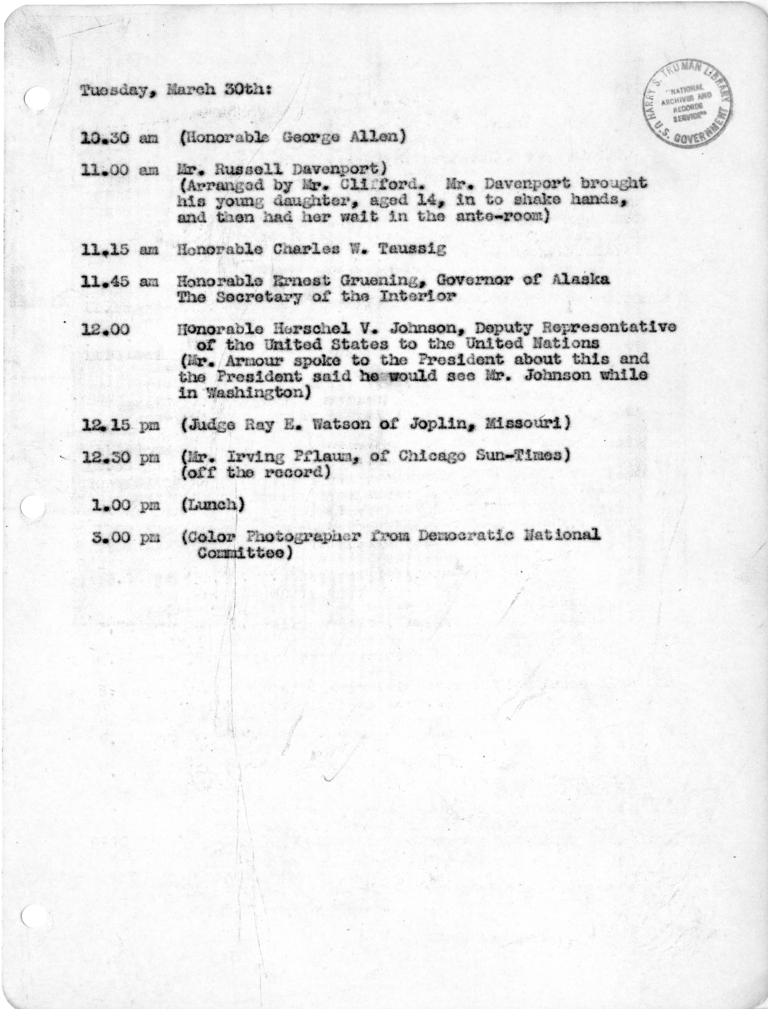 Daily Appointment Sheet for President Harry S. Truman