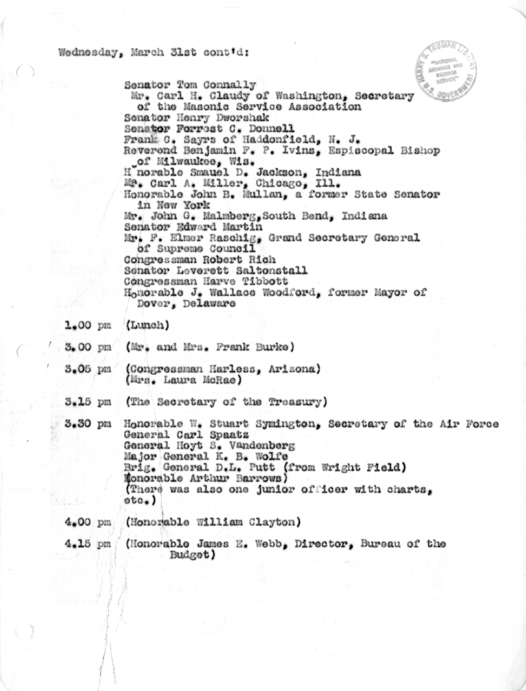 Daily Appointment Sheet for President Harry S. Truman