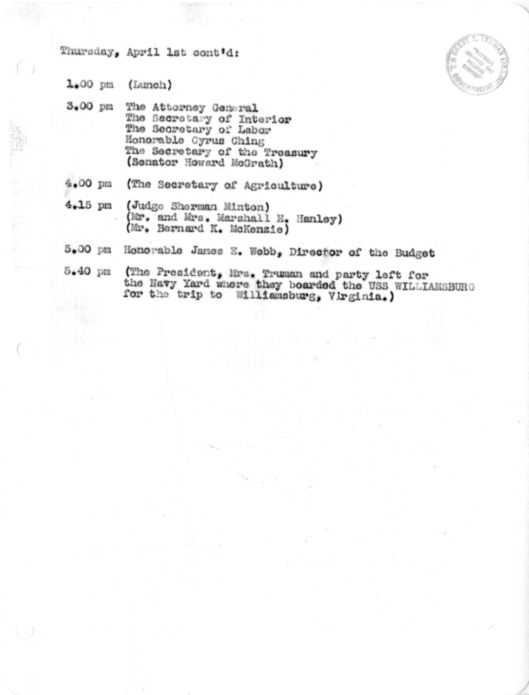 Daily Appointment Sheet for President Harry S. Truman