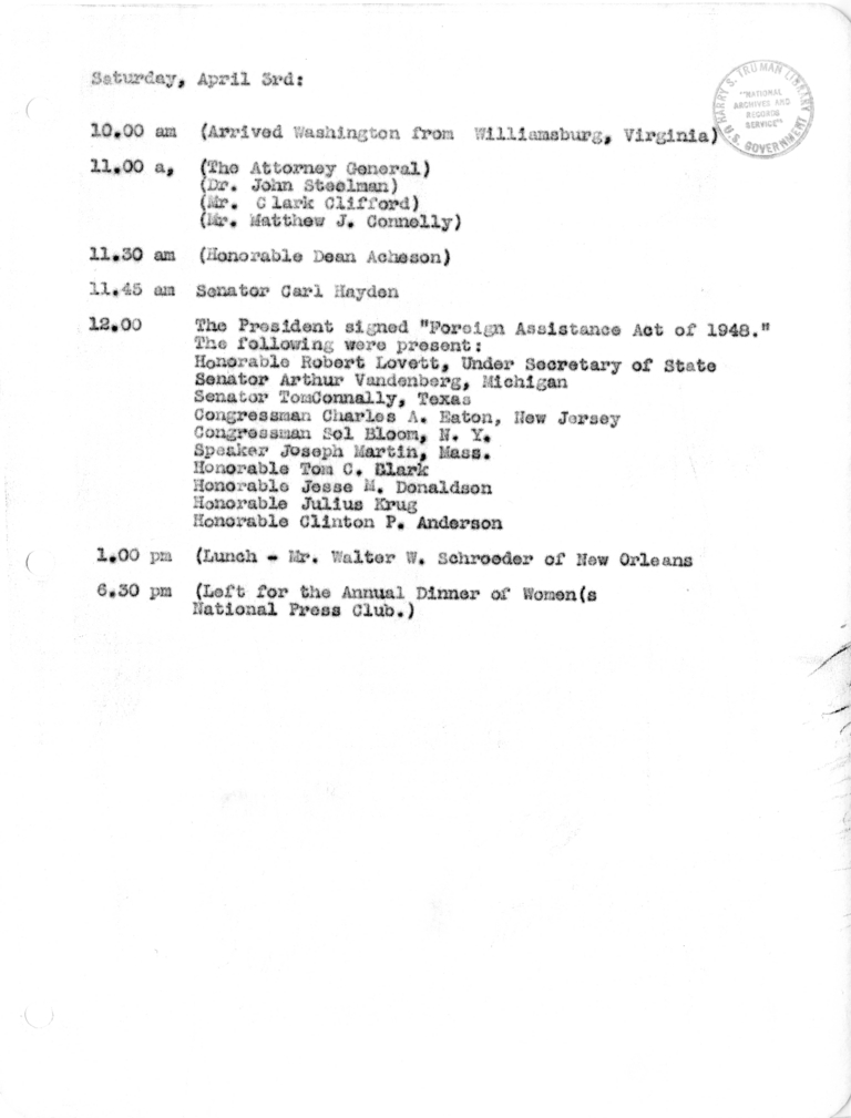 Daily Appointment Sheet for President Harry S. Truman