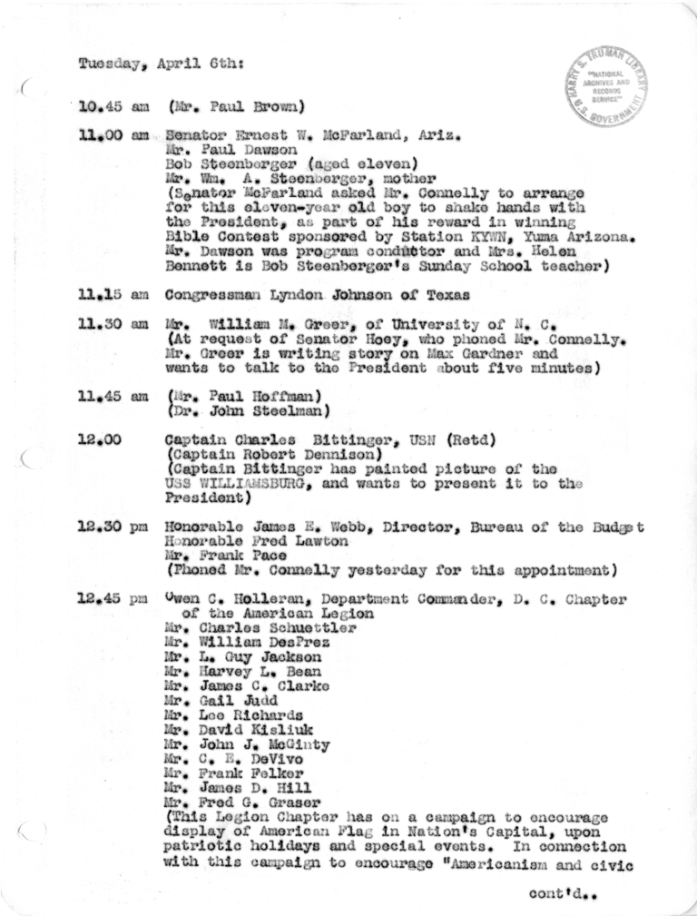 Daily Appointment Sheet for President Harry S. Truman