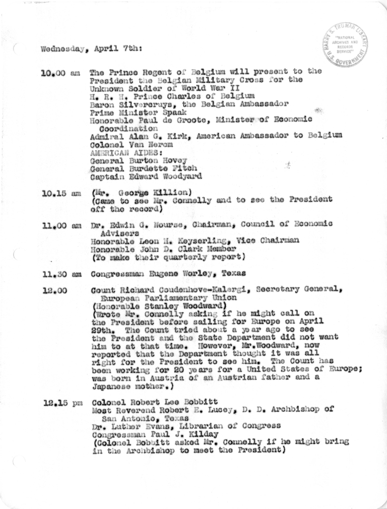 Daily Appointment Sheet for President Harry S. Truman