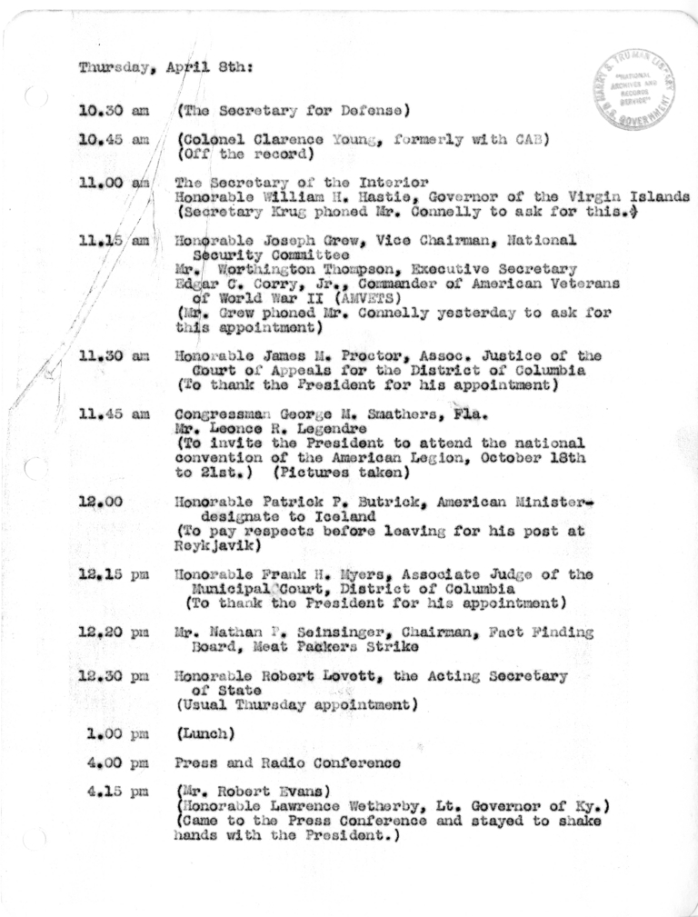 Daily Appointment Sheet for President Harry S. Truman