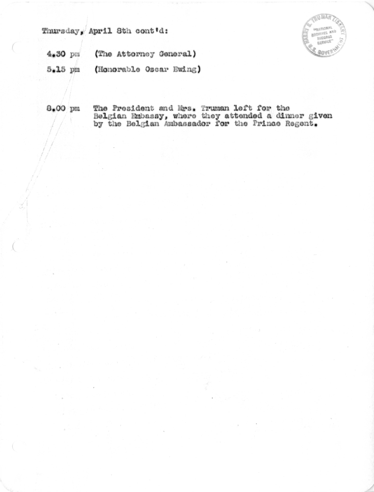 Daily Appointment Sheet for President Harry S. Truman
