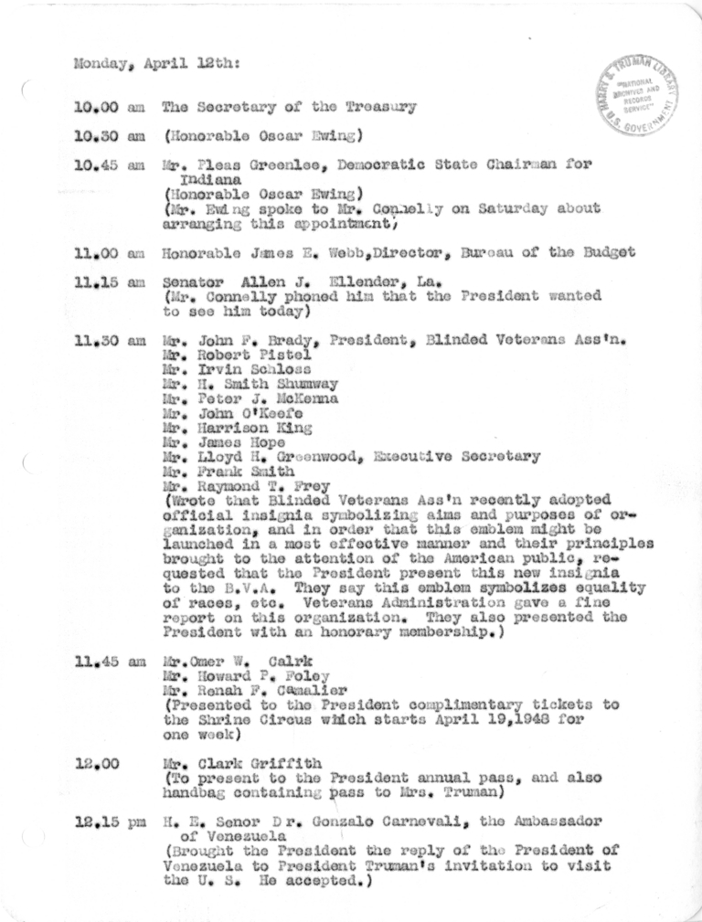 Daily Appointment Sheet for President Harry S. Truman