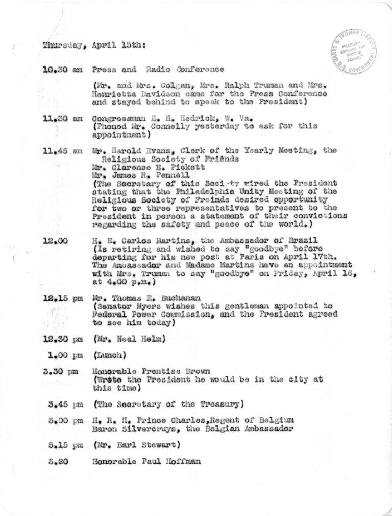 Daily Appointment Sheet for President Harry S. Truman