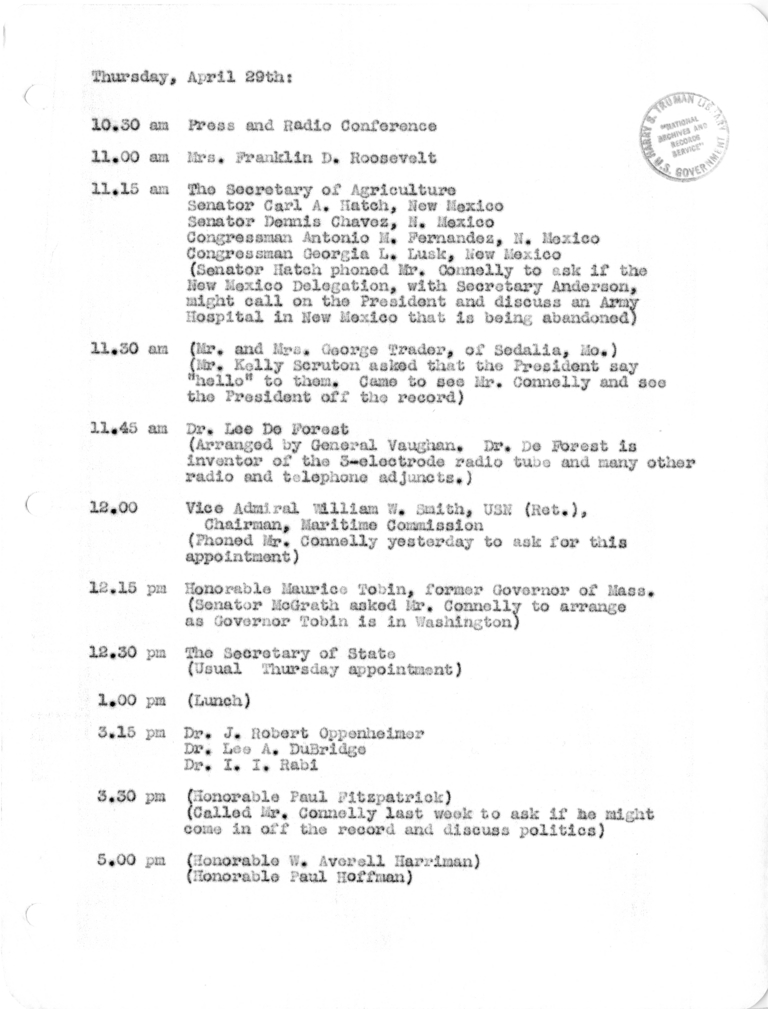 Daily Appointment Sheet for President Harry S. Truman
