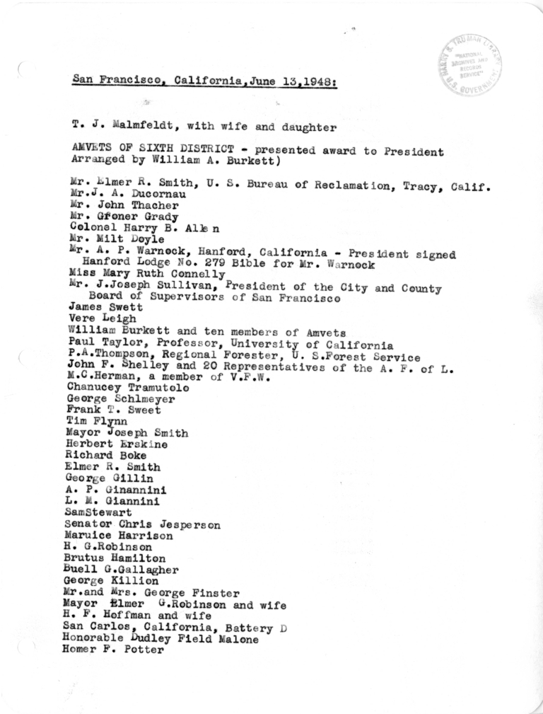 President's Appointments During President Harry S. Truman's Western Trip