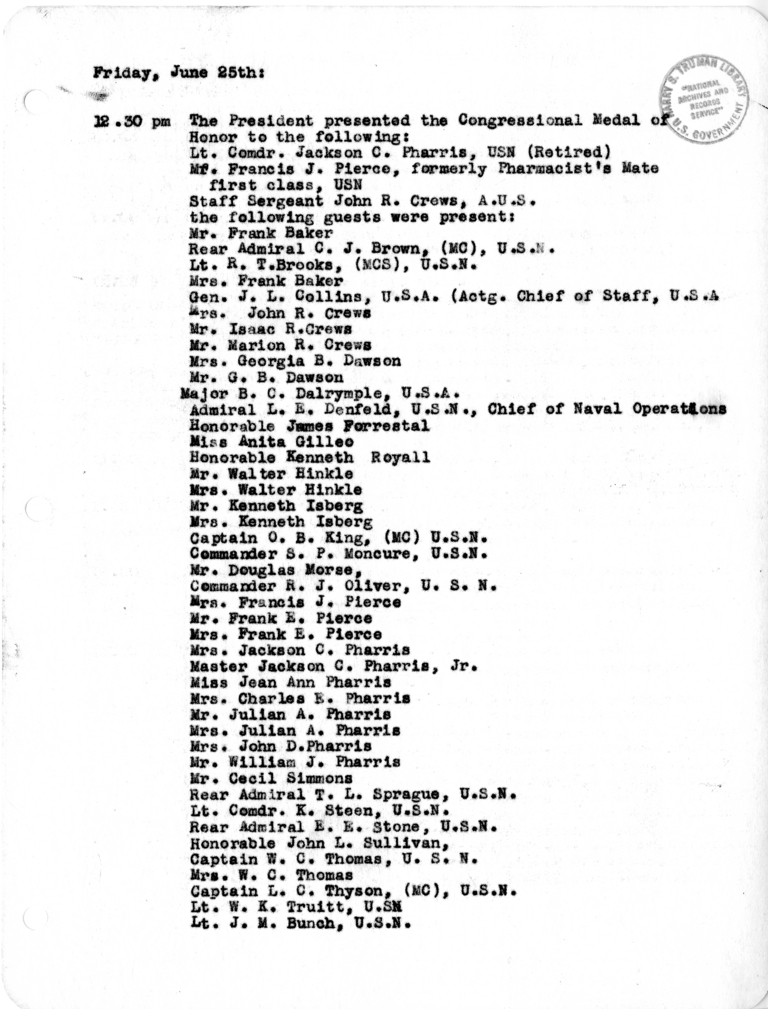 Daily Appointment Sheet for President Harry S. Truman