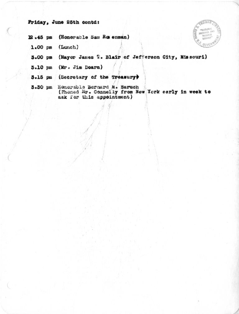 Daily Appointment Sheet for President Harry S. Truman