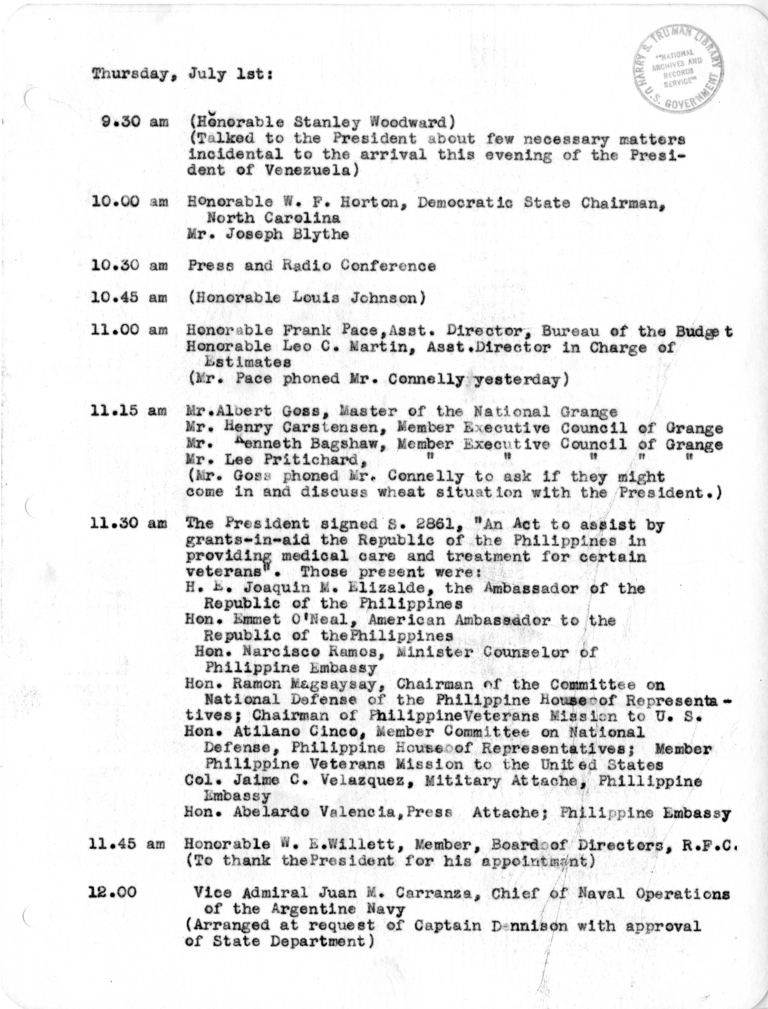 Daily Appointment Sheet for President Harry S. Truman