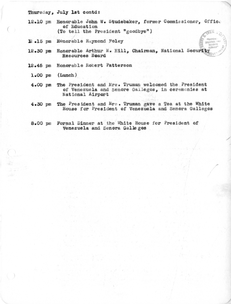 Daily Appointment Sheet for President Harry S. Truman