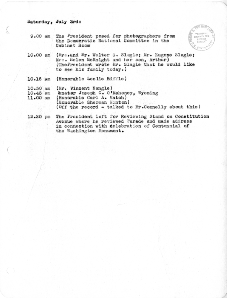 Daily Appointment Sheet for President Harry S. Truman