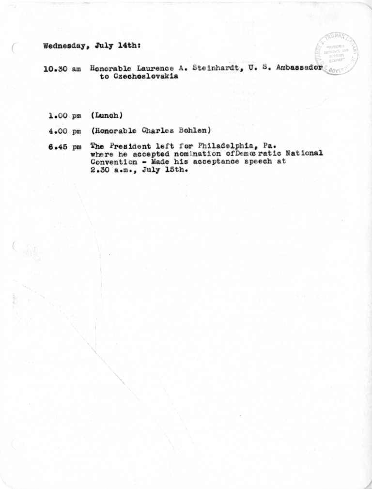 Daily Appointment Sheet for President Harry S. Truman