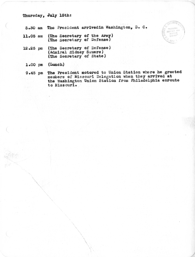 Daily Appointment Sheet for President Harry S. Truman