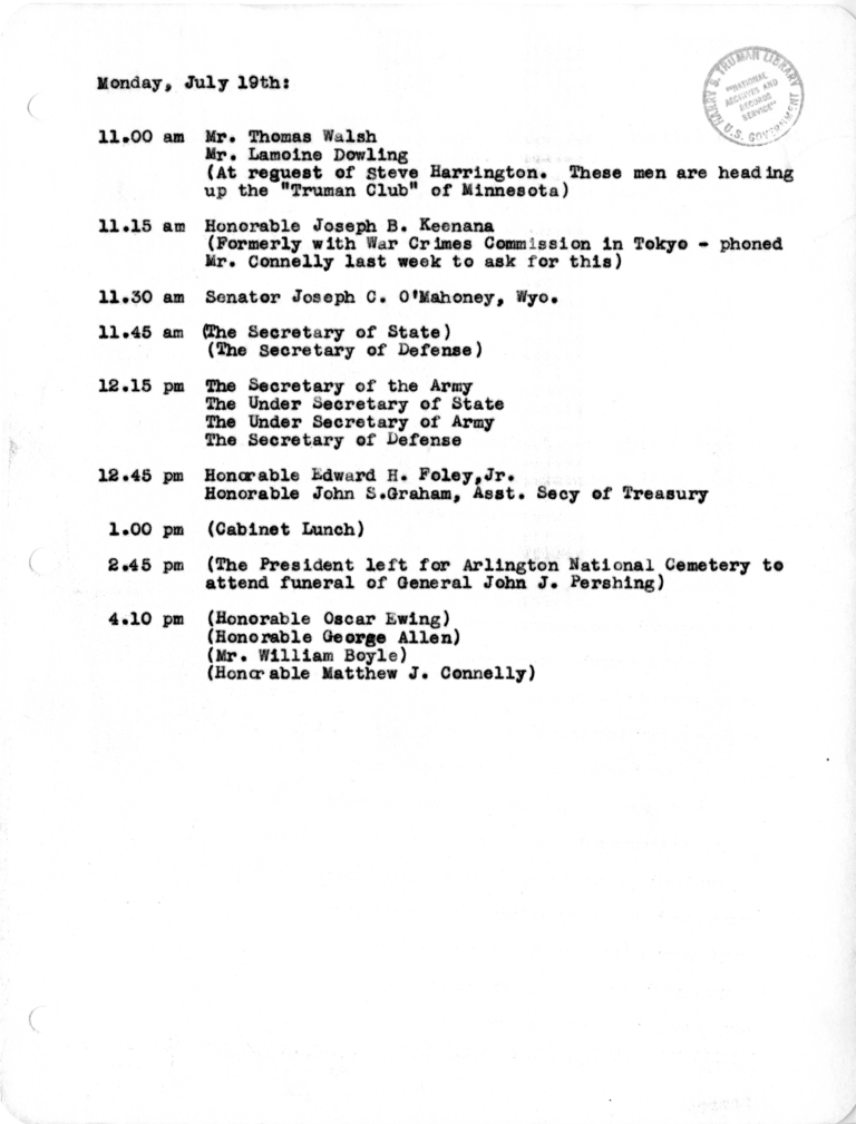 Daily Appointment Sheet for President Harry S. Truman