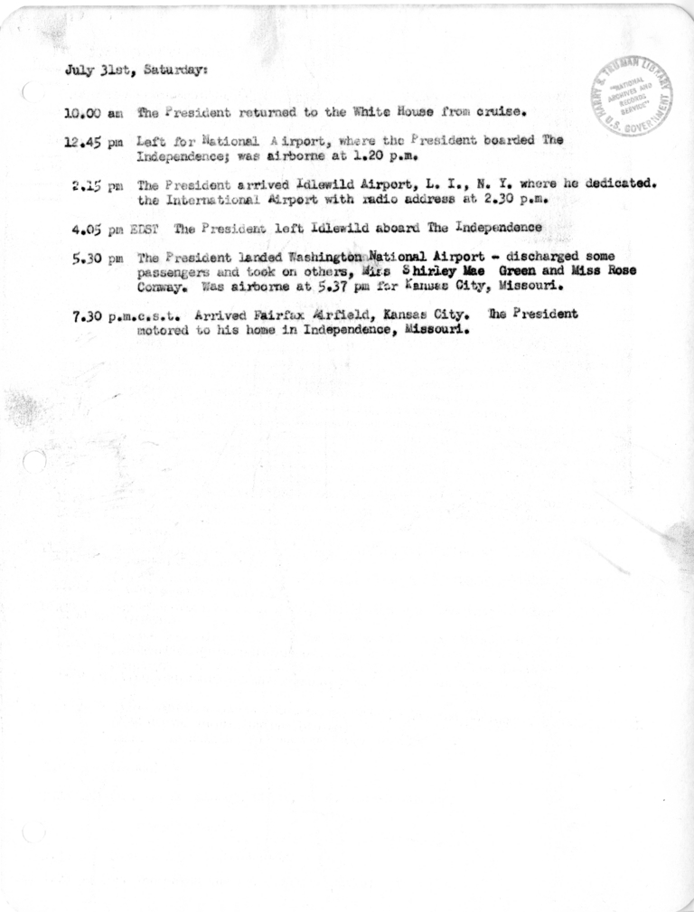 Daily Appointment Sheet for President Harry S. Truman