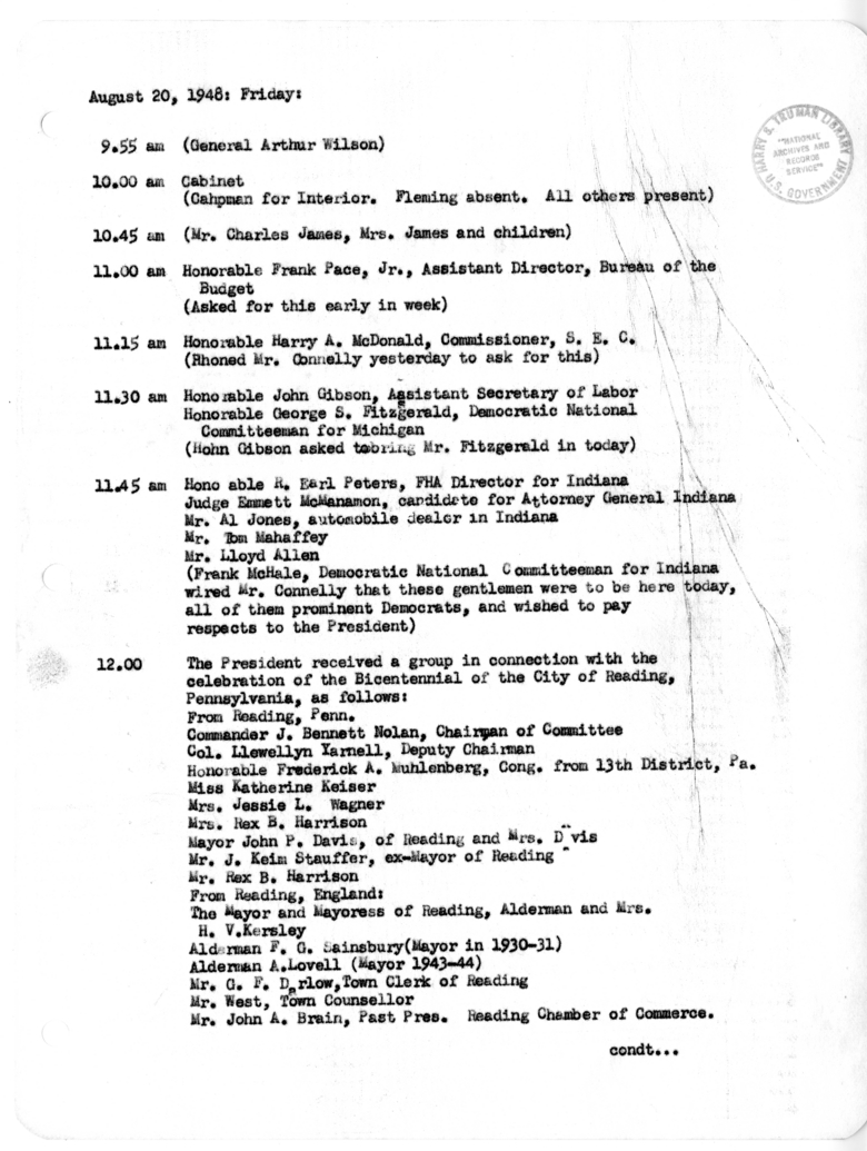 Daily Appointment Sheet for President Harry S. Truman