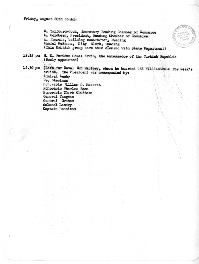 Daily Appointment Sheet for President Harry S. Truman